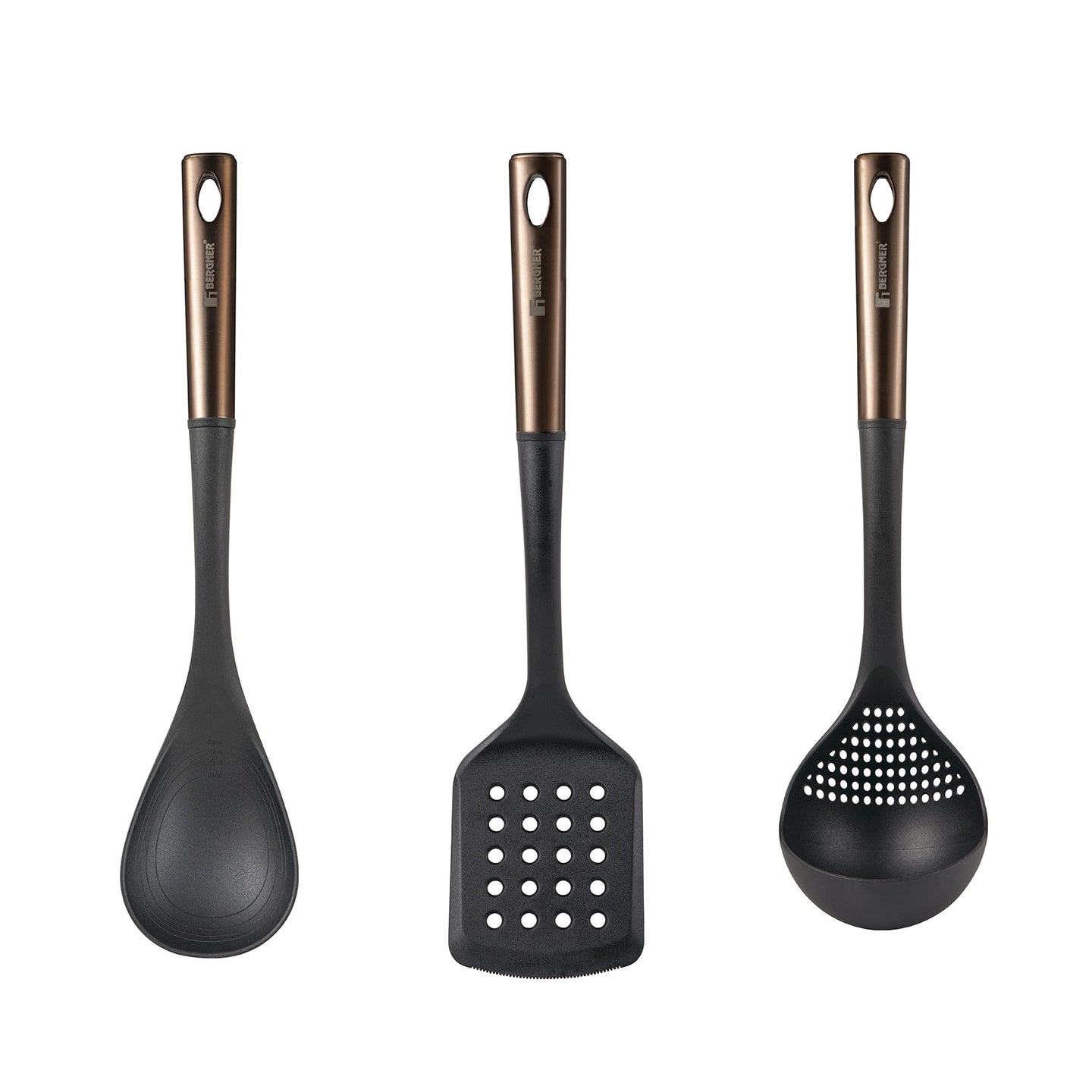 SET 3PZS UTENSILIOS DE COCINA: ESPATULA RANURADA + CUCHARA + CUCHARON PBT NEGRO + COBRE COPPER BG
